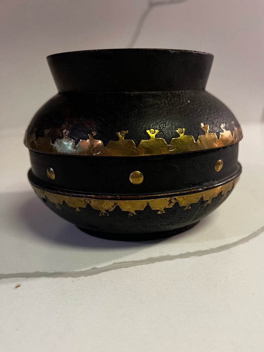 Hand made Ebony and Hammered Brass Accent Bowl